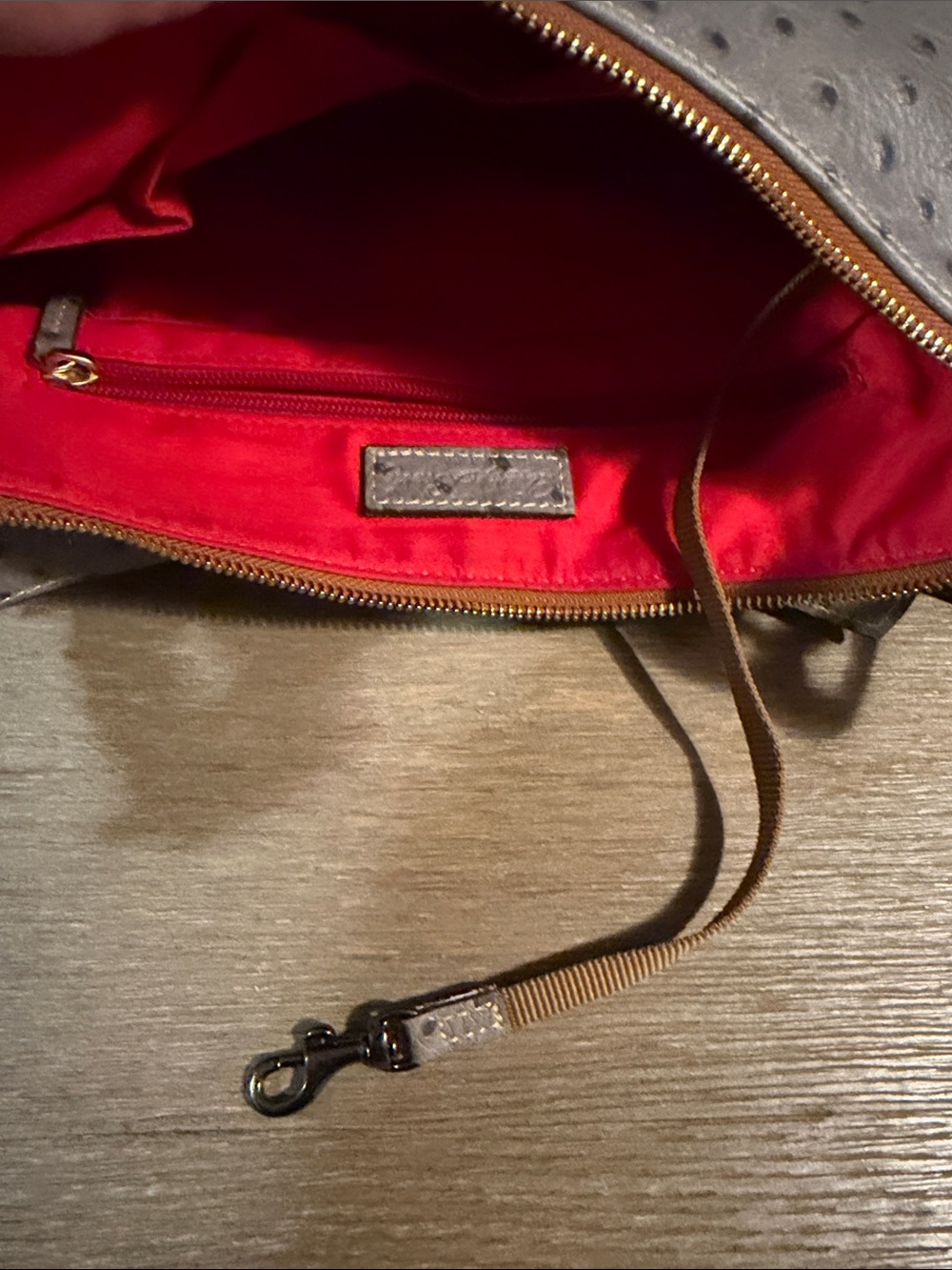 Dooney & Bourke Grey Ostrich embossed Shoulder Bag with Gold Hardware - Picture 5 of 10